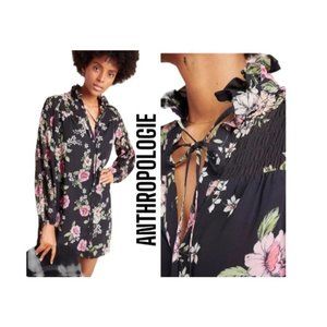 ANTHROPOLOGIE YUMI KIM ASTORIA BLACK FLORAL DRESS button mock tie